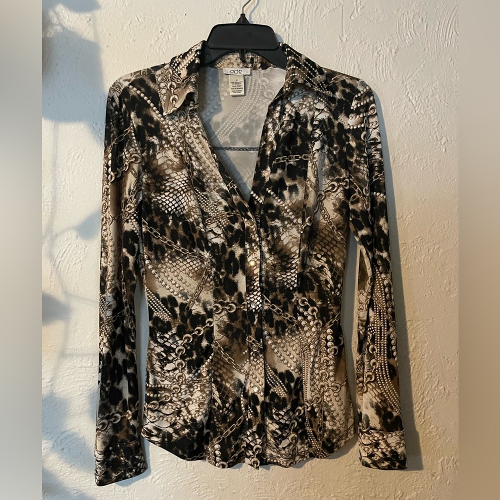 Cache Pearl Snaps Blouse Taupe Chains Leopard Mix Print Shirt Top